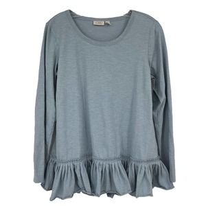 LOGO LORI GOLDSTEIN Peplum Top Blue Ruffle Long Sleeve Stretch Women Cotton M